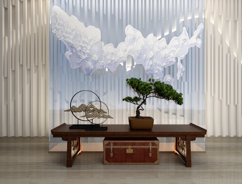  中式前台 背景墙 端景条案3d模型 