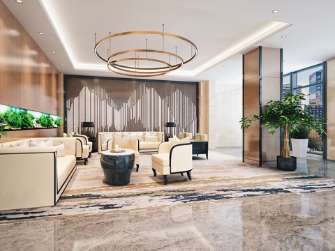  酒店大厅前厅接待 新中式大堂 酒店大厅 前台 柜台 接待3d模型 