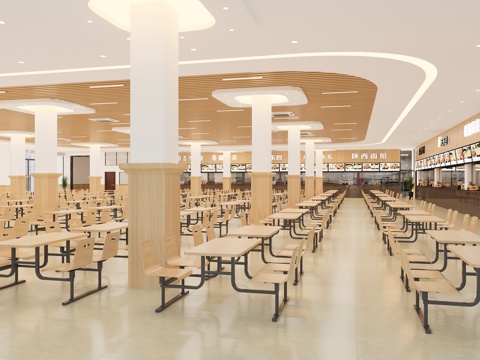  现代原木学校食堂3d模型 