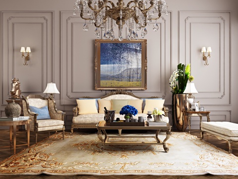  欧式古典客厅 沙发茶几组合 挂画 绿植组合模型3d模型 