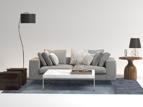  现代布艺沙发 简约边几 简约烤漆落地灯 现代几何地毯 大3d模型 