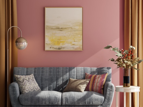  北欧沙发 角几 落地灯 装饰画 窗帘 地毯组合3d模型 