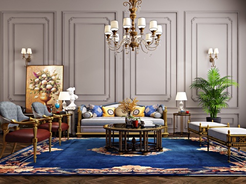  欧式沙发茶几 吊灯 电视柜 挂画3d模型 