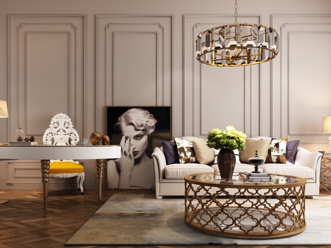  现代欧式沙发 茶几 书桌 吊灯 挂画组合模型3d模型 