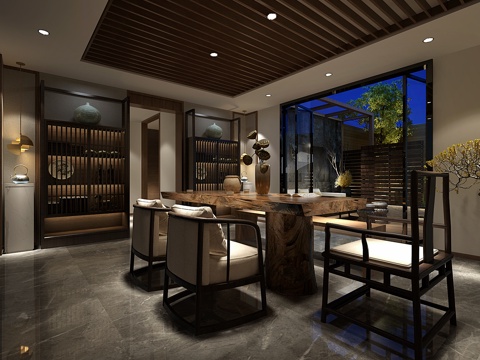  现代中式茶室 茶桌椅组合3d模型 