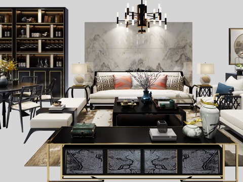  中式沙发餐桌组合 客餐厅 沙发茶几 餐桌椅 客厅 吊灯 挂画3d模型 