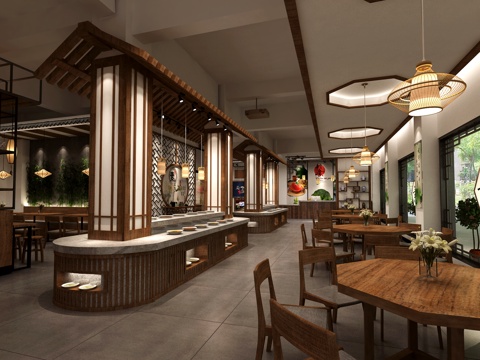  新中式禅意中式自助餐厅 自助餐台 吧台 卡座 吊灯3d模型 