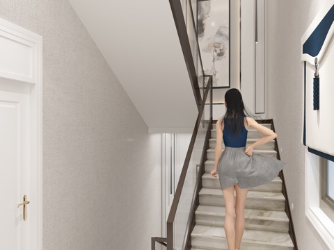  新中式楼梯间3d模型 