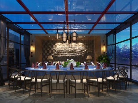  新中式西餐厅 会所 包房3d模型 