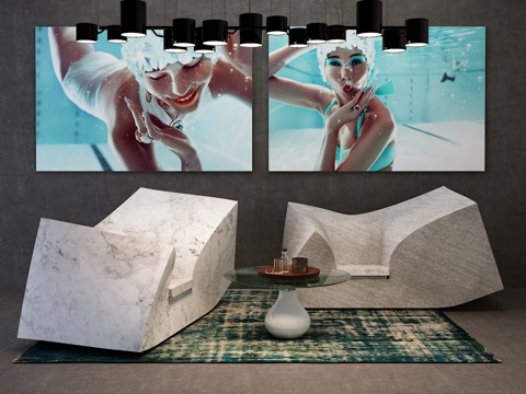  后现代沙发挂画吊灯茶几组合3d模型 