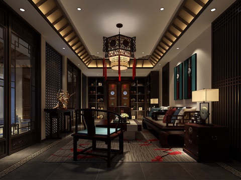  传统中式茶室 吊灯 茶桌椅组合3d模型 