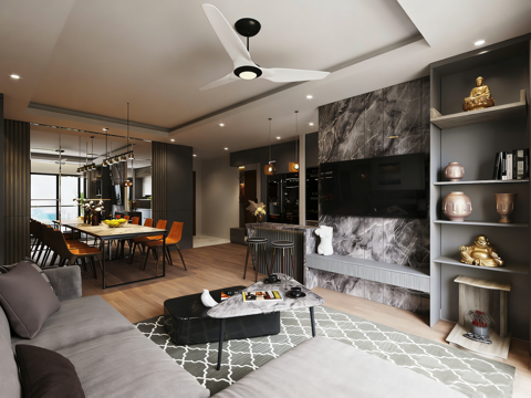  意式轻奢全屋公寓 单身公寓 客餐厨一体 深灰L型沙发 橙色餐3d模型 