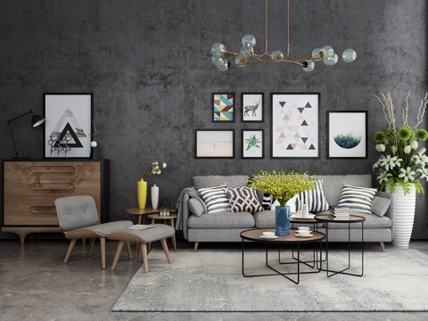  北欧沙发茶几 矮柜 边柜 吊灯组合模型3d模型 