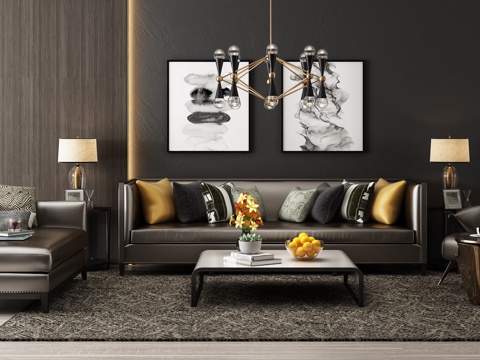  现代沙发茶几 吊灯组合 挂画3d模型 