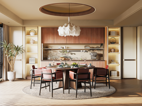 宋式餐厅 新中式餐厅 圆桌餐厅 餐桌椅 餐边柜su模型