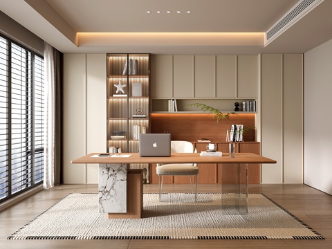 现代中古书房 书柜 书桌椅su模型