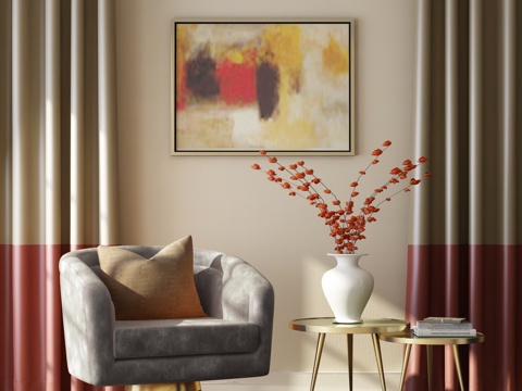  新中式椅子 圆几装饰花瓶窗帘组合3d模型 