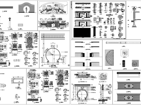 月洞门宝瓶门园林庭院景观立面图江南中式围墙详图CAD素材图库cad施工图