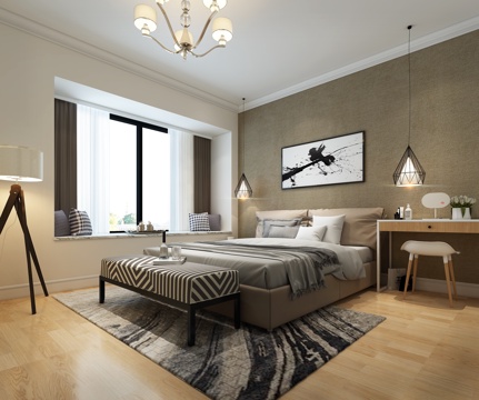  北欧风格主卧室 双人床 吊灯 桌椅组合 顶灯3d模型 