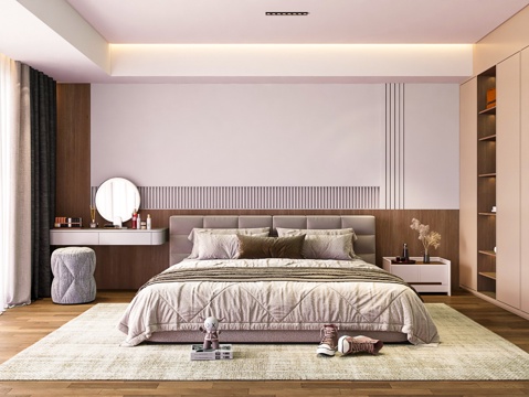  现代卧室 双人床 梳妆台 衣柜3d模型 