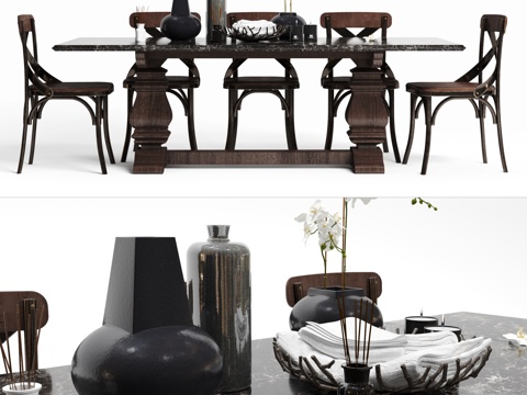  美式餐桌椅子摆件组合3d模型 