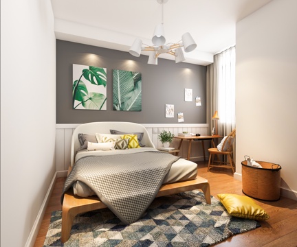  现代北欧原木卧室 吊灯 床 挂画3d模型 