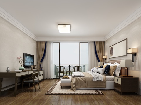  新中式主卧 电视柜 床 卧室3d模型 