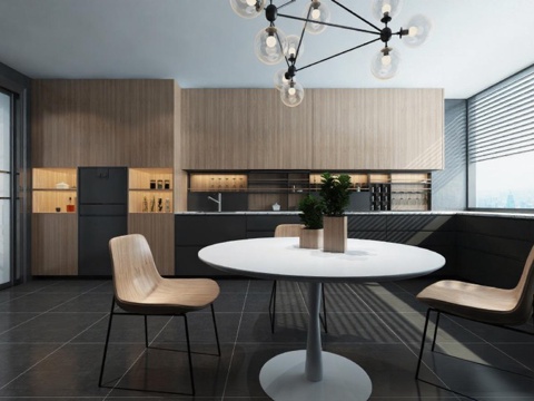  现代极简开放式厨房餐厅设计 原木色橱柜工业风吊灯3D渲染图 嵌入式冰箱多功能储物格家居效果图免费3d模型 