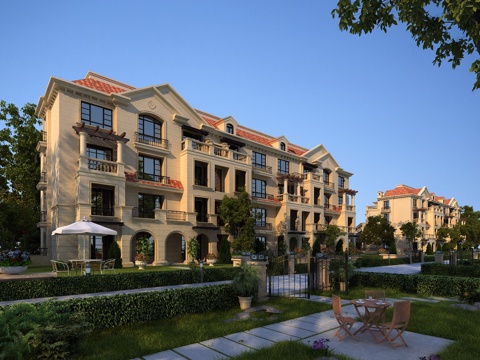  欧式多层住宅 灌木 全模场景 别墅3d模型 