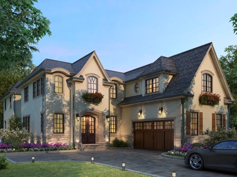  美式别墅外观全模场景3d模型 