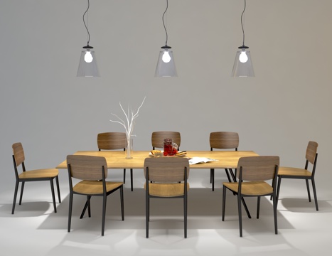  现代简约方形餐桌 木质椅子 玻璃吊灯3d模型 