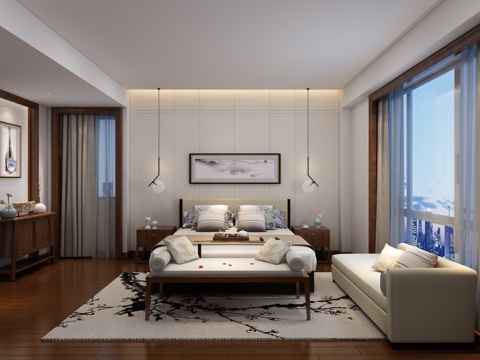  卧室 装饰柜 中式 挂画 吊灯3d模型 