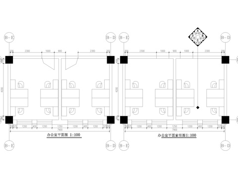 小型四人办公室cad施工图