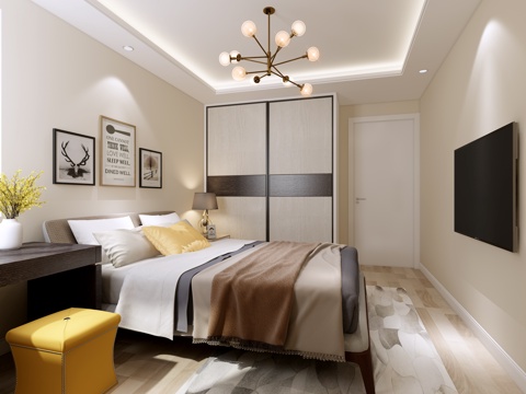  简约风格主卧 吊灯 床 床头柜 电视柜3d模型 