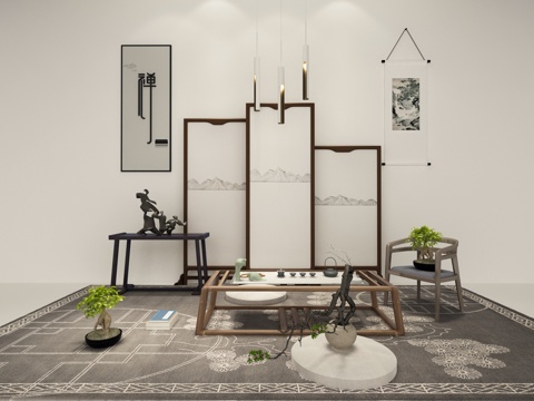  新中式禅意搭配 茶台 装饰画 摆件 盆栽 吊灯3d模型 