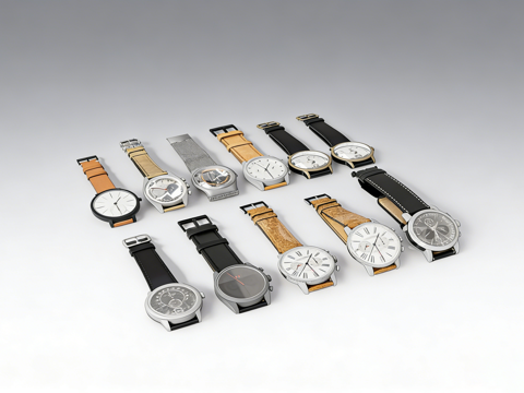 现代简约手表 银色金色表壳 皮革金属表带 珠宝UI设计配饰su模型