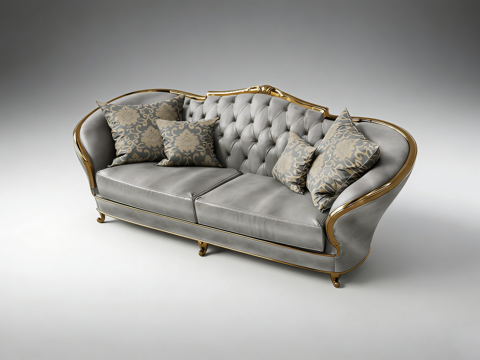 轻奢风双人沙发 纽扣菱形缝线 金色线条 金属脚 欧式高定su模型
