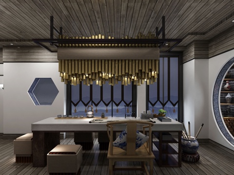  新中式 茶室 植物 书架 装饰 桌椅组合3d模型 