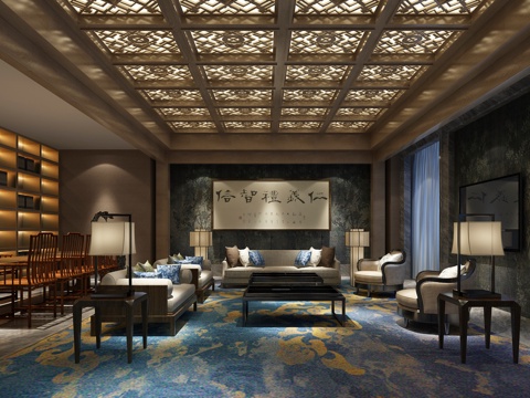  新中式休闲茶室 置物柜 书架 客厅3d模型 