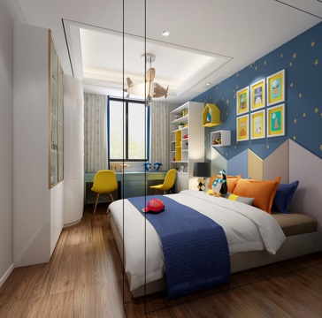  现代男孩房 照片墙 个性吊灯 床 挂画3d模型 