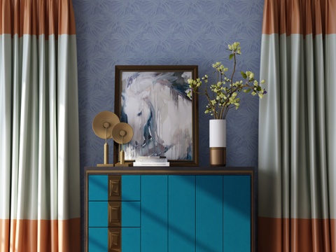  新中式玄关柜 装饰画花瓶窗帘组合3d模型 