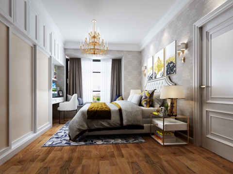  欧式简约卧室 双人床 衣柜 台灯3d模型 