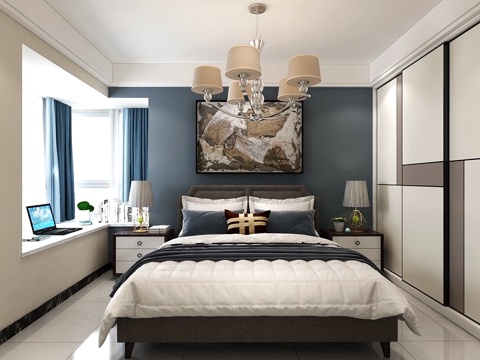  欧式卧室 北欧卧室 吊灯 床 挂画3d模型 