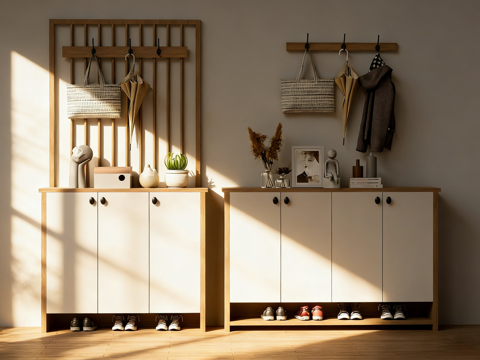 北欧风多功能玄关柜 鞋柜挂衣置物架 小户型入户收纳su模型