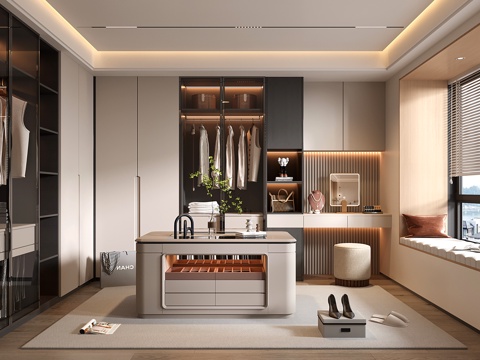 现代衣帽间 开方格 玻璃门 首饰柜 梳妆台衣柜一体su模型