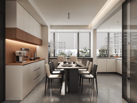  现代极简风开放式餐厅厨房3d模型 