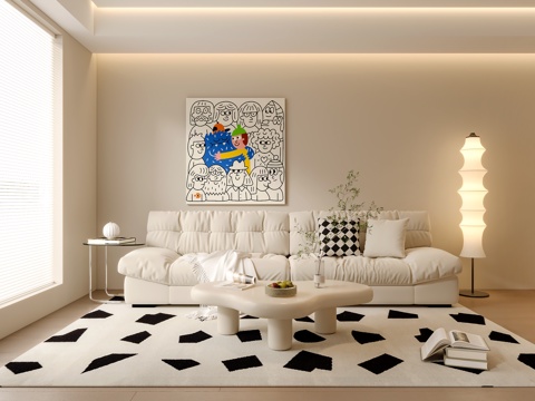  奶油风沙发茶几组合 装饰画 落地灯 地毯3d模型 