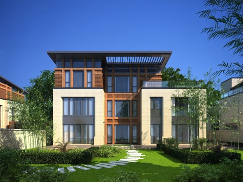  新中式别墅 全模场景 竹子 别墅3d模型 