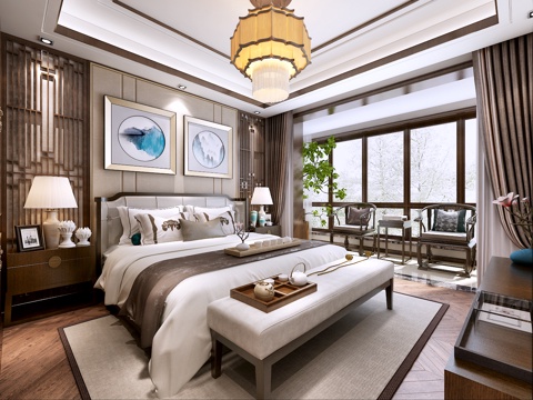  新中式 卧室 床品组合 莲花吊灯 圈椅 木花格 禅意挂画3d模型 