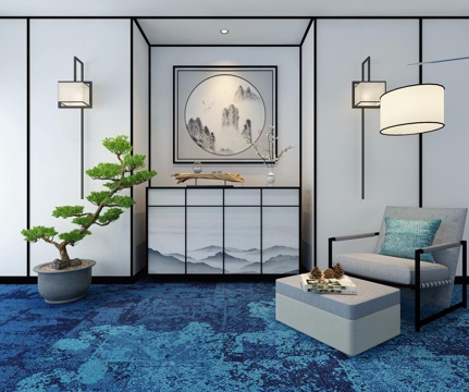  新中式玄关 壁灯 端景条案 摆件 休闲椅 装饰画3d模型 